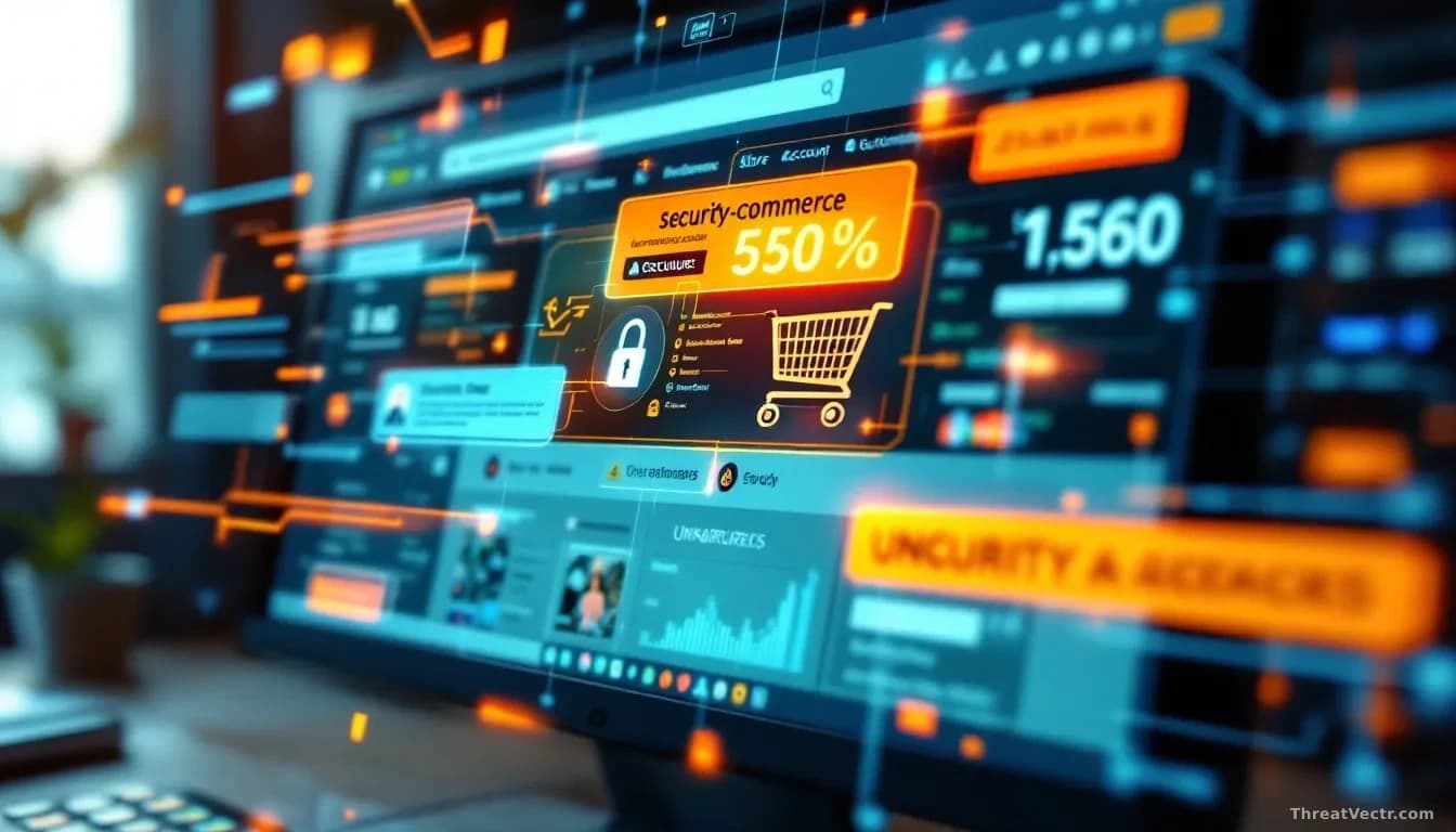 An e-commerce store website displayed on a monitor with shopping cart and customer account pages, overlaid with security breach warning graphics and unauthorize