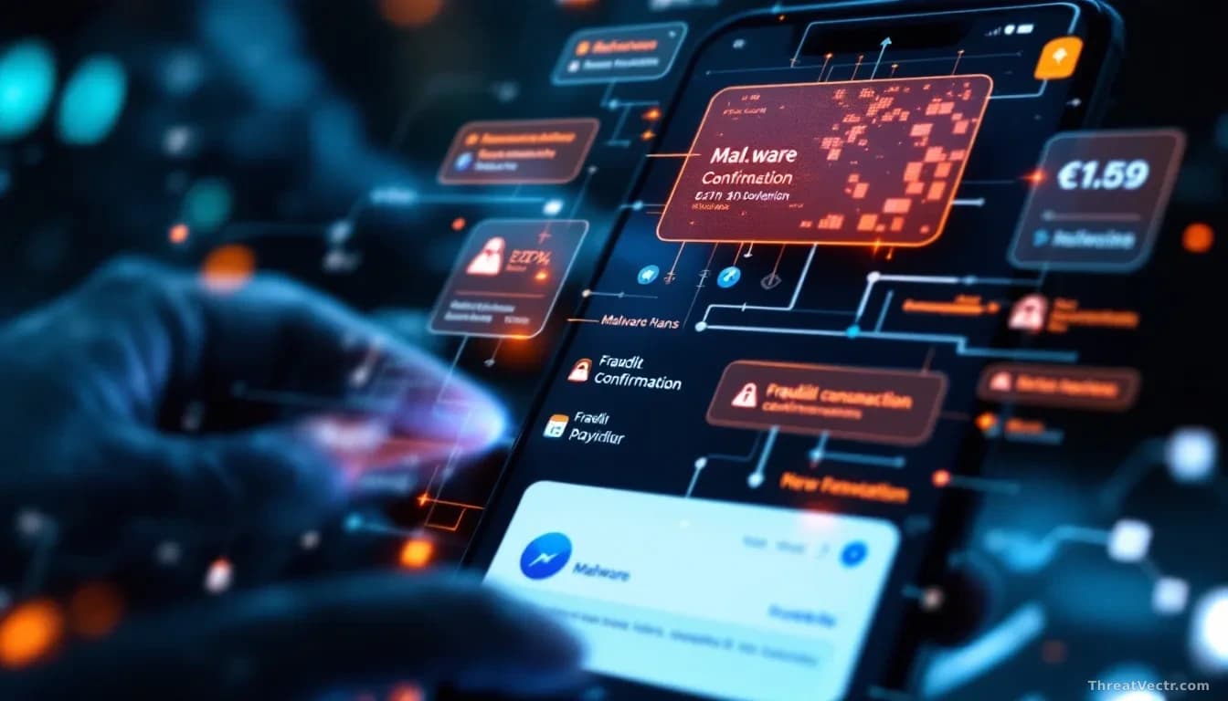 A smartphone screen showing banking and payment applications, with malware process chains visualized as overlay graphics and fraudulent transaction confirmation