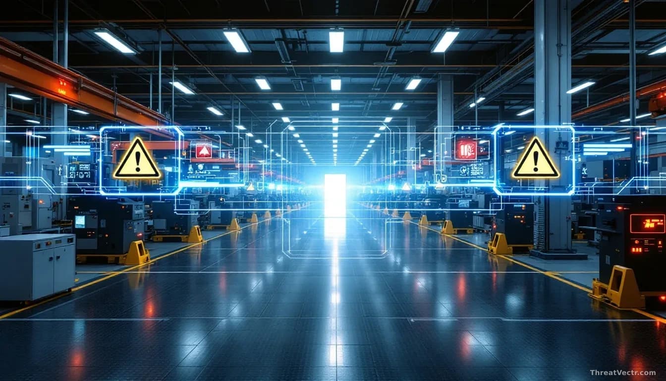 An industrial manufacturing facility floor with modern machinery, overlaid with digital security warning graphics and attack indicator symbols appearing on the 