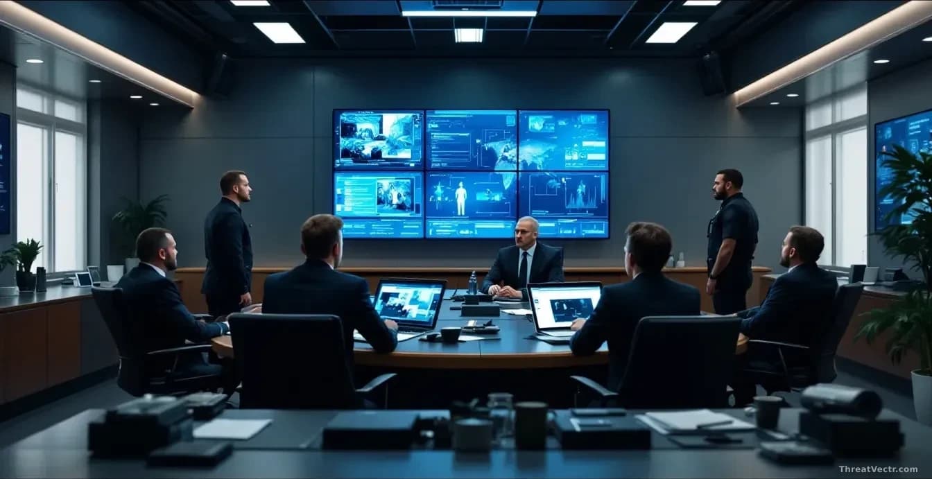 A government office setting with federal agents and private sector security professionals in a briefing room, reviewing threat intelligence on large displays