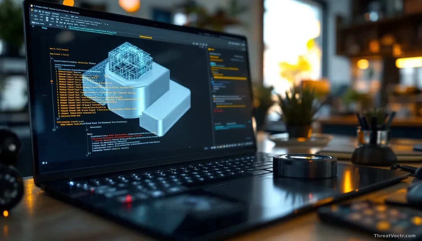 An industrial design workstation with 3D modelling software displaying a malformed CAD file causing a crash, error messages and system logs visible, security pa