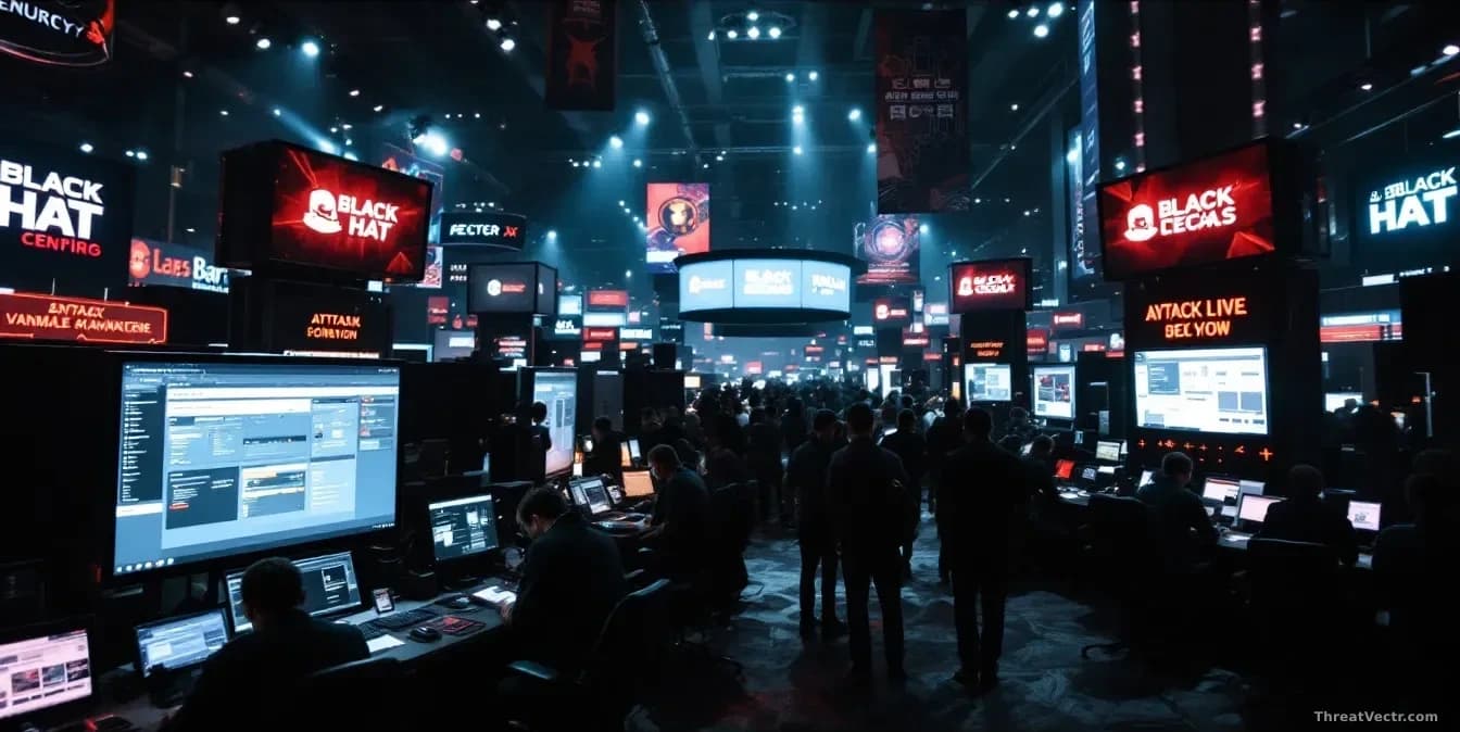 The Las Vegas convention center during Black Hat conference with security professionals examining booth displays of attack tools and vulnerability demonstration