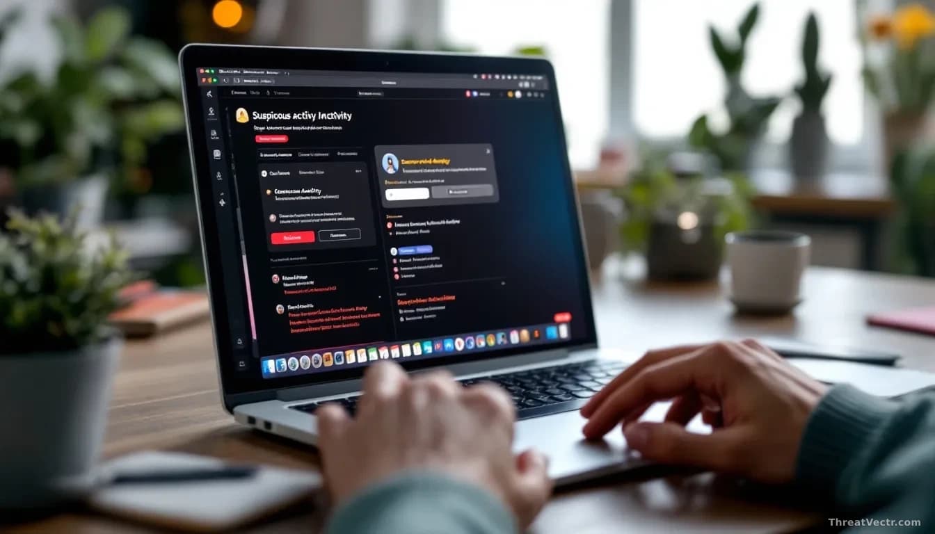 A MacBook Pro on a desk with suspicious activity indicators on the screen, password manager notifications and browser tabs visible, representing credential thef