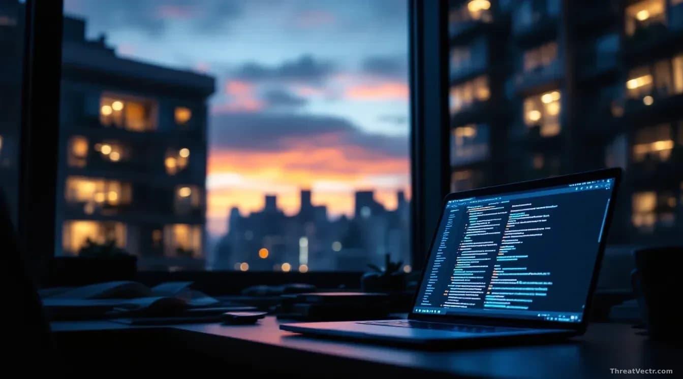 An office building at dusk with windows lit from within, a laptop on a nearby desk displaying exposed database files, representing the moment when exposed crede