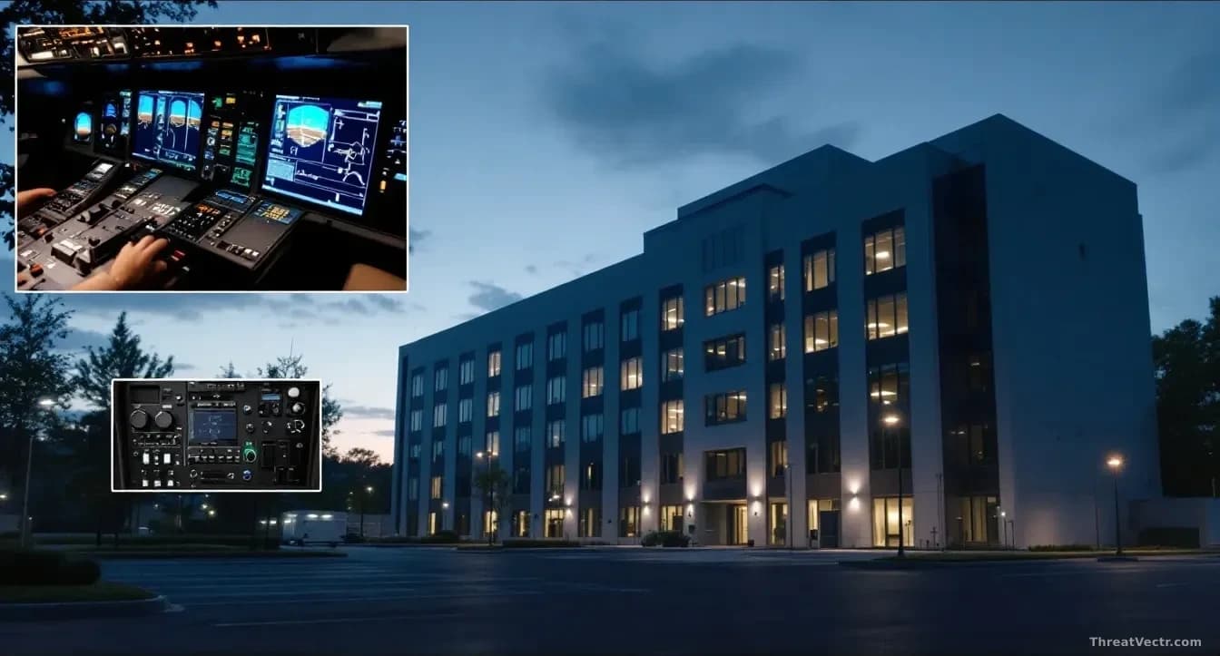 Federal agency office building exterior at dusk with security perimeter visible, simultaneous image inset showing Boeing 737 cockpit avionics systems and separa