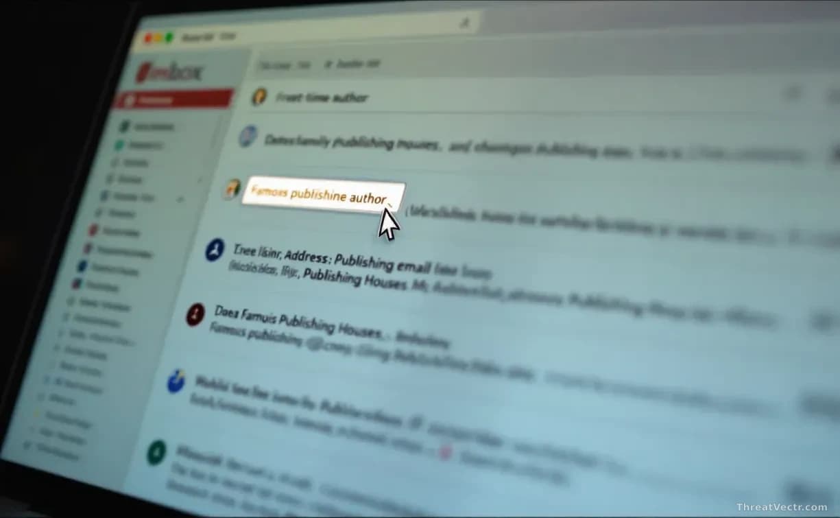A first-time author's computer screen lit up with an inbox full of professionally formatted publishing inquiry emails, the sender addresses mimicking famous pub