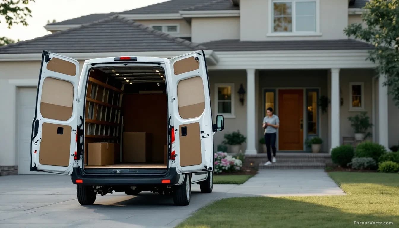 A delivery van parked empty outside a suburban home, its rear doors open but no furniture being unloaded, with a frustrated customer visible through the house w