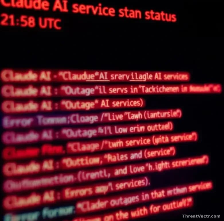 A computer screen displaying the Claude AI service status page with all services showing red outage indicators and error messages stacked vertically, timestamp 