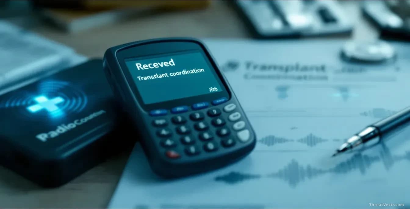 An older pager device sitting on a hospital desk with a received message displayed, surrounded by medical files and transplant coordination papers, with radio w