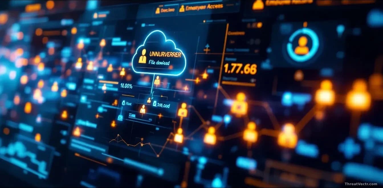 A cloud infrastructure dashboard with unauthorized access indicators and multiple file download notifications showing massive data transfers, with employee reco