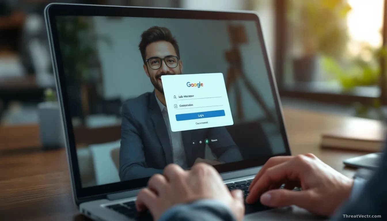 A laptop screen showing a realistic job interview video call interface overlaid with a login pop-up window asking for Google credentials, with a job seeker's ha