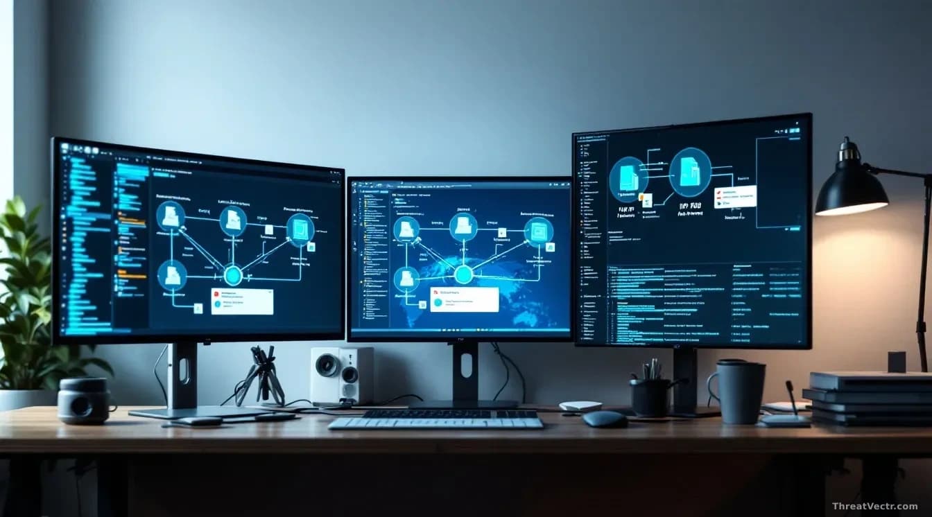 A desk with multiple monitors showing network diagrams and IP addresses, with one screen displaying an alert notification while files transfer across the networ