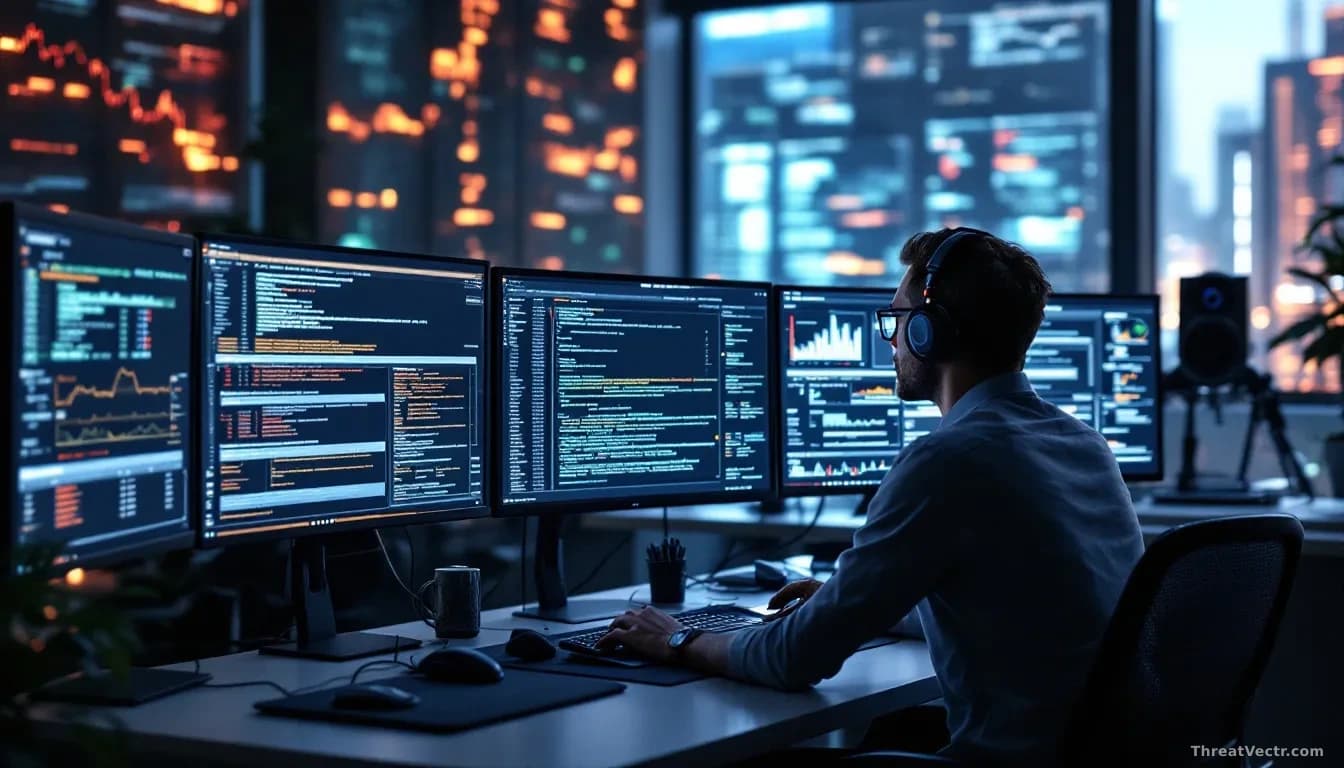A cybersecurity analyst reviewing multiple data sources on large monitors—network logs, firewall records, DNS queries—while AI analysis tools display insights o