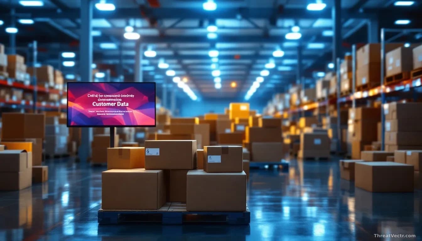 A shipping and logistics warehouse facility during evening hours, with boxes and packing materials visible, alongside a notification alert on a monitor about co
