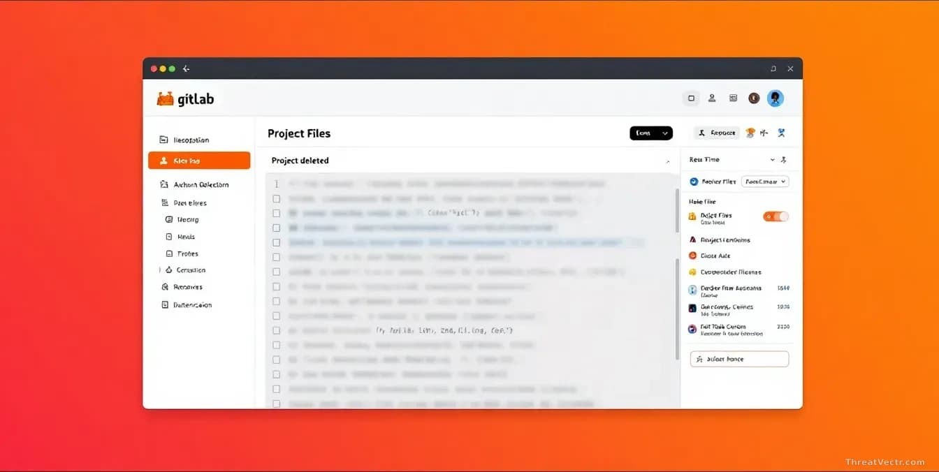 A GitLab repository interface on a computer screen with project files being deleted in real-time, showing the cascading removal of code and data without authent