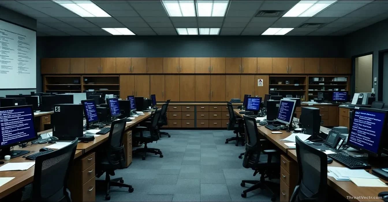 A police department office with computer workstations and filing cabinets, with a highlighted inbox showing hundreds of recipient email addresses accidentally e