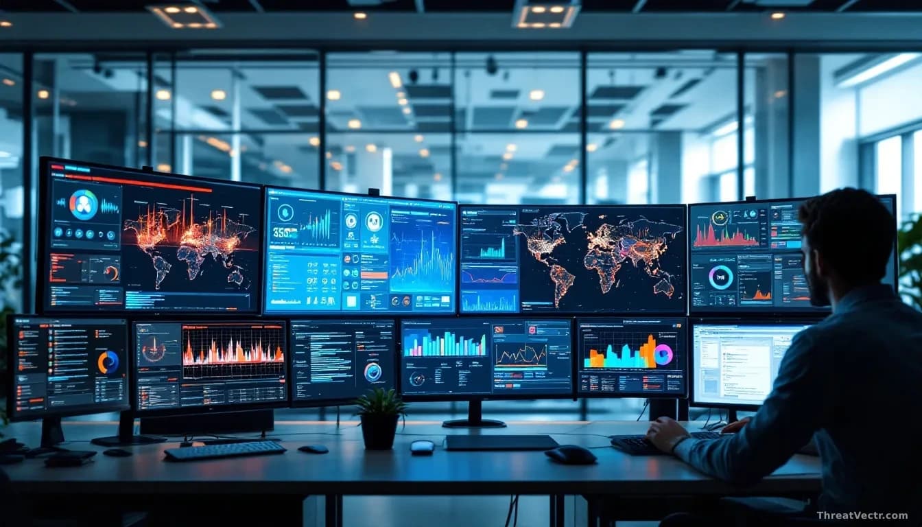 A corporate security operations center with multiple monitors displaying AI-powered threat detection dashboards, network traffic visualizations, and automated d