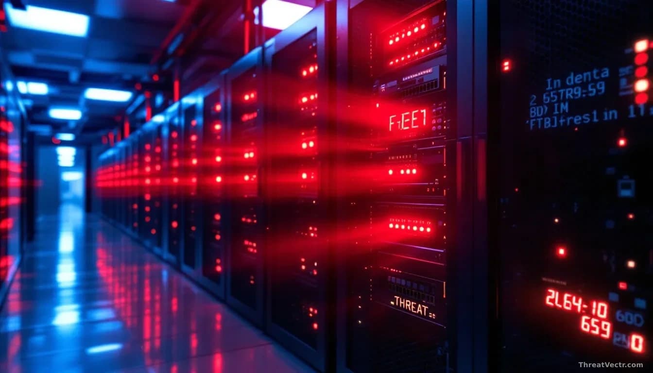 A server room filled with blinking network equipment and cooling systems, with red warning lights illuminating the hardware, suggesting active threat detection 