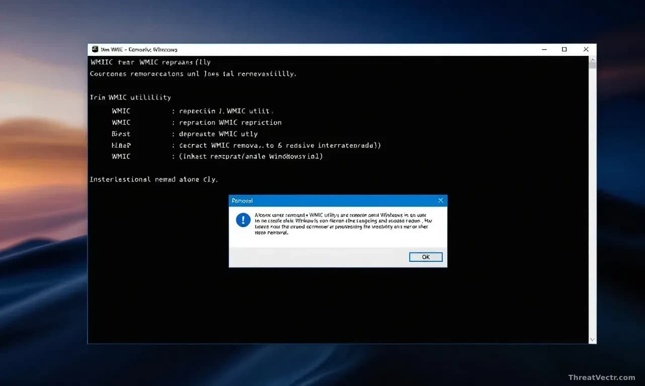 A Windows command prompt window showing WMIC utility commands being executed, with a removal or deprecation notification overlaying the interface, representing 