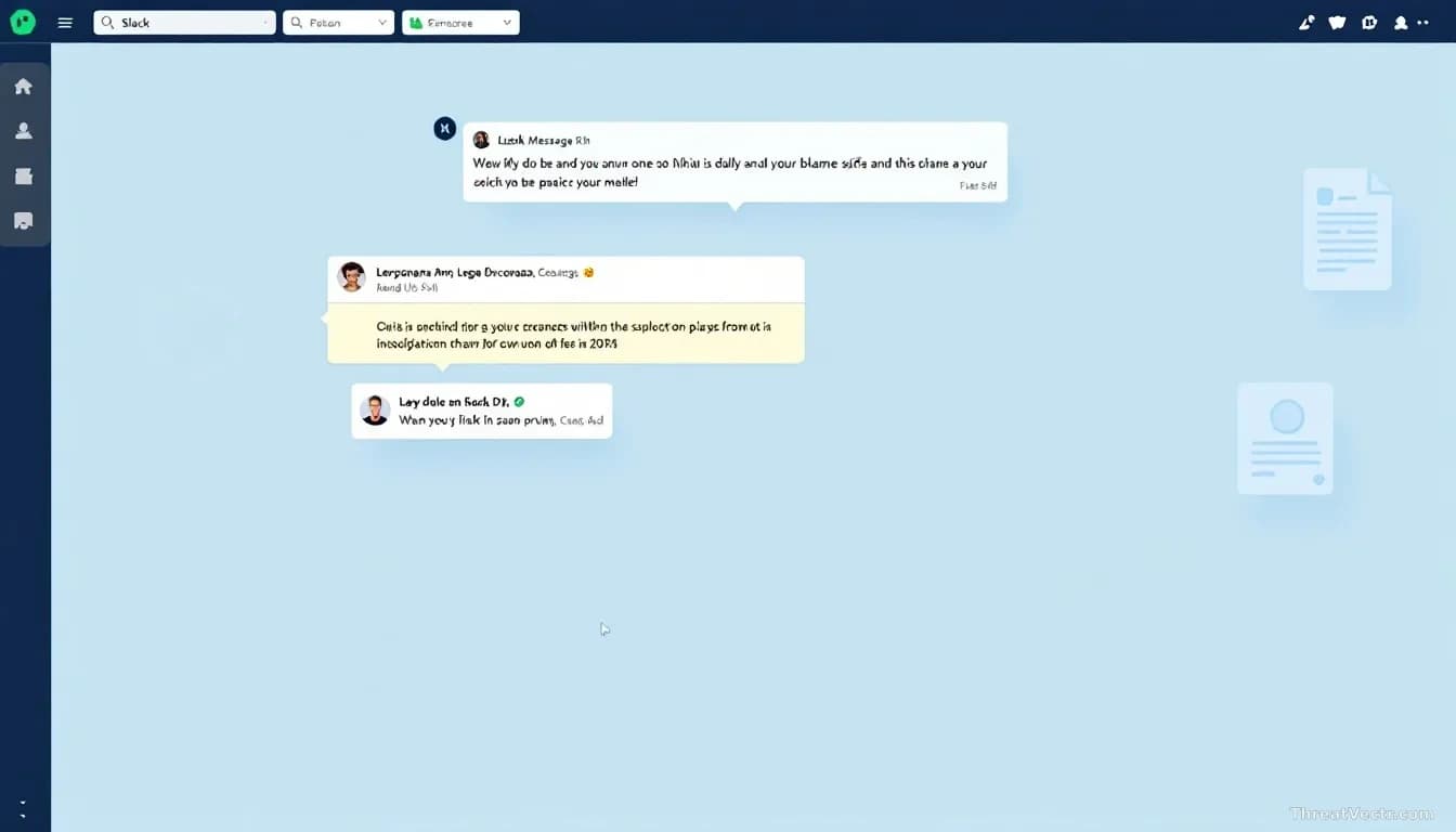 A Slack workspace with multiple message threads displayed, showing panicked exchanges and blame-shifting conversations, with legal document and subpoena icons l