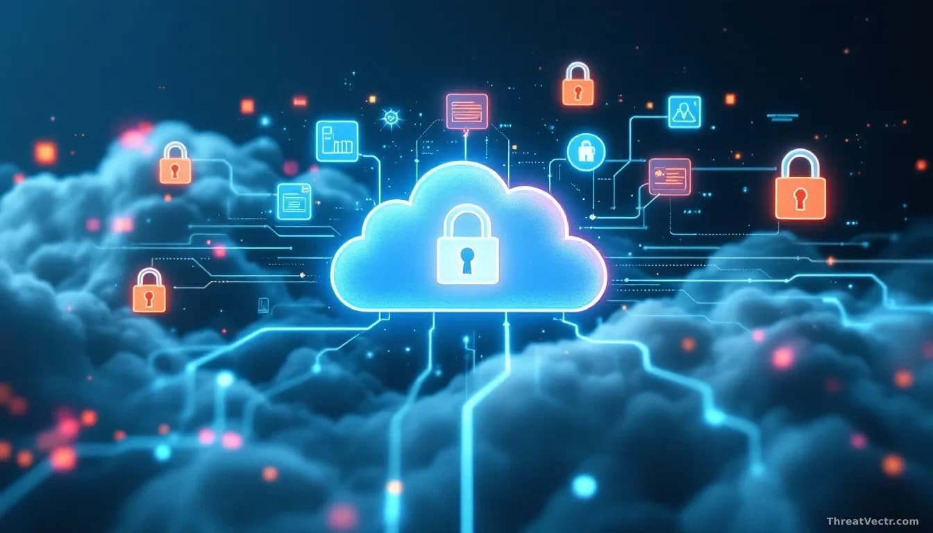 A cloud storage platform interface with financial documents and personal identification information visible, with security breach indicators and exposed data st