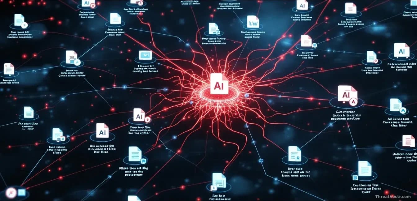 A network diagram showing AI coding agents connected by files and prompts, with malicious instructions spreading like contagion through the shared connections, 