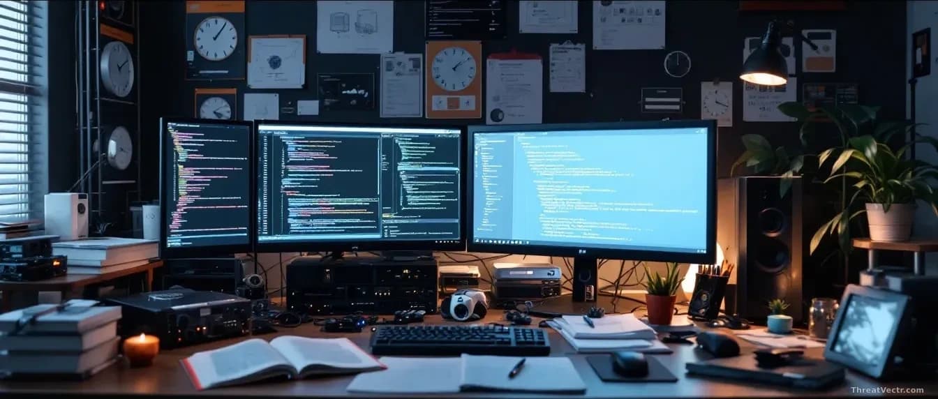 A desk scattered with computer hardware and technical manuals, with lines of code and AI models displayed on multiple monitors, suggesting self-taught expertise