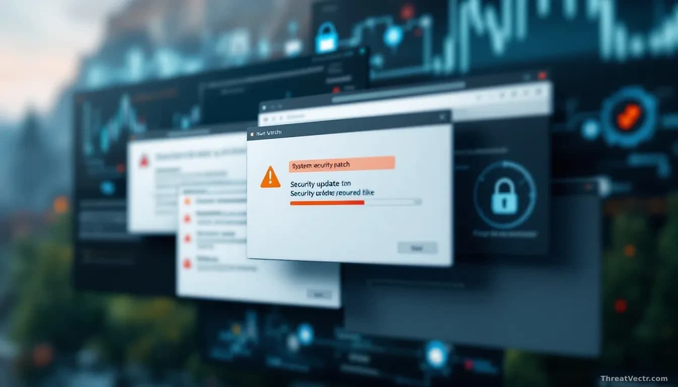 Multiple windows showing security patch notifications and system update dialogs stacked across a desktop environment, with warning badges highlighted in red and