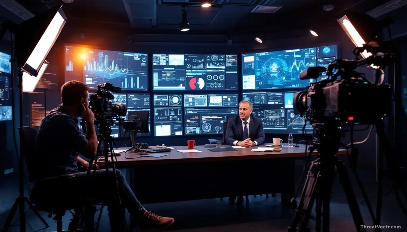 A documentary production setup showing a cybersecurity leader being interviewed with professional lighting and camera equipment, with security operations center