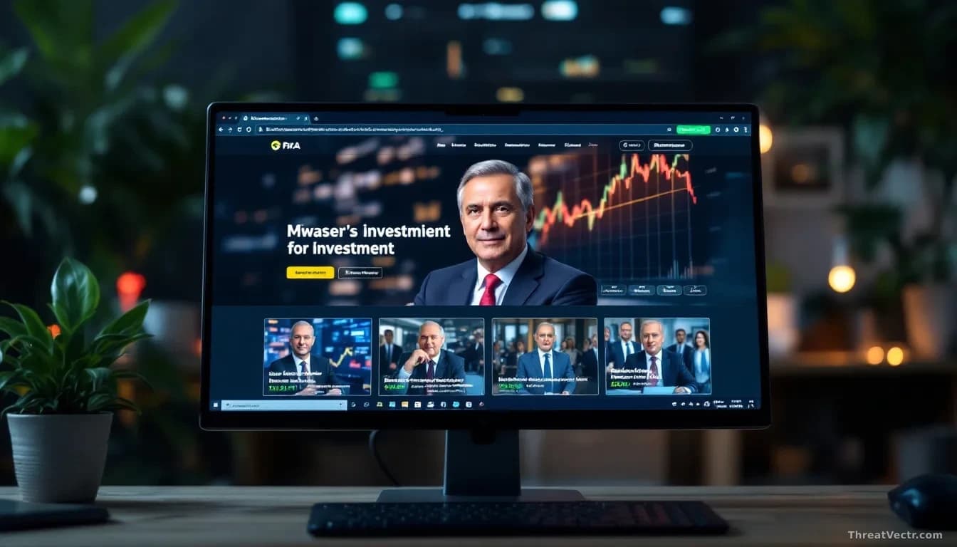 A computer screen displaying a fake investment website featuring AI-generated deepfake images of politicians and financial commentators, with URL and domain inf