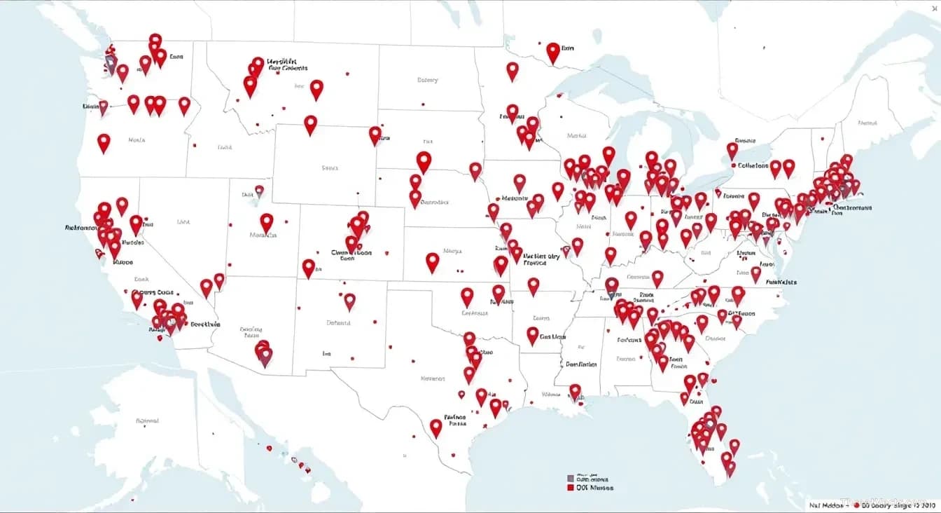 A map of critical infrastructure across the United States—hospitals, power plants, banks, defense facilities—with 500 location markers indicating Medusa ransomw