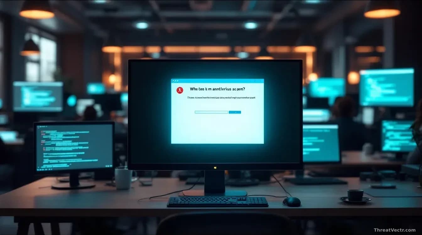 A Windows desktop screen frozen mid-antivirus scan with a crash dialog box visible, surrounded by frustrated user workspaces in the background, with error messa