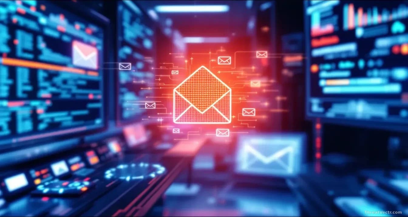 An email server monitoring station showing AI-generated phishing emails being processed and analyzed, threat detection systems with machine learning components 