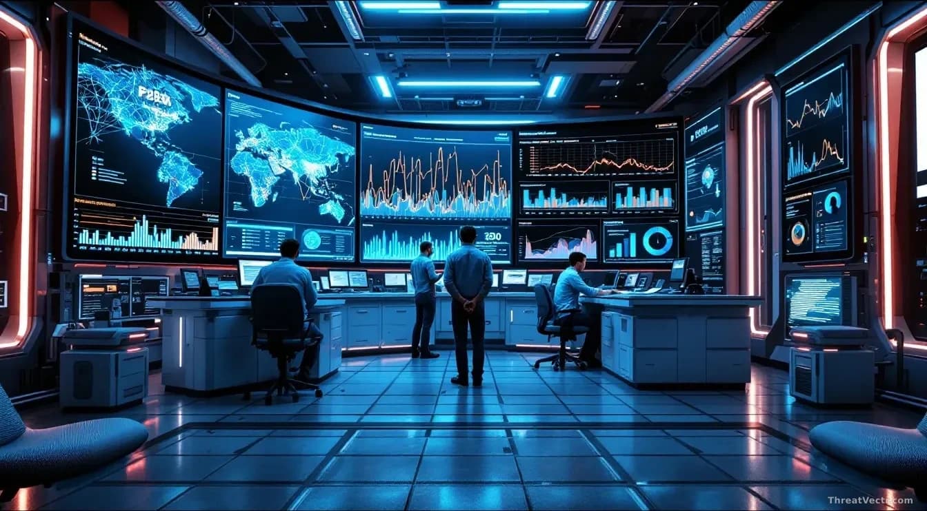 A high-tech AI research facility with large neural network visualizations on screens showing paused training processes, safety monitoring dashboards active, tec
