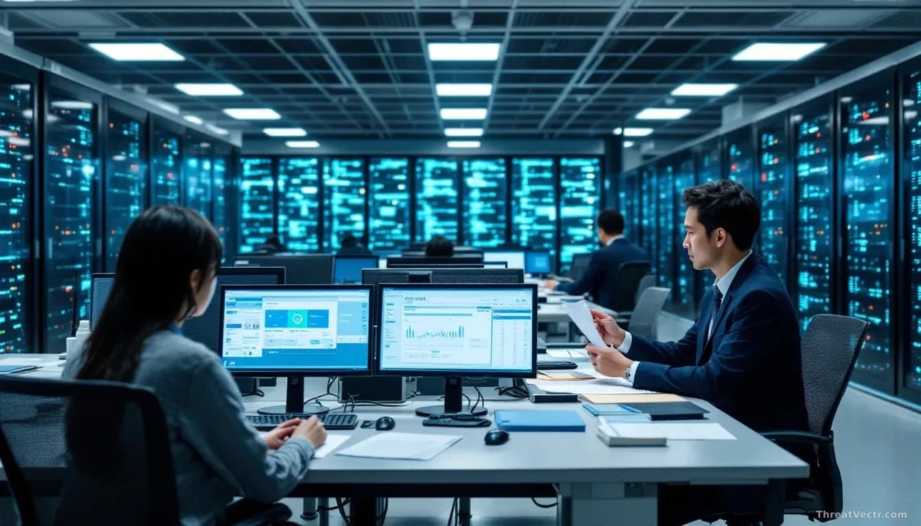 A Japanese data center facility with security personnel reviewing incident reports on screens, breach investigation documents visible on desks, government cloud