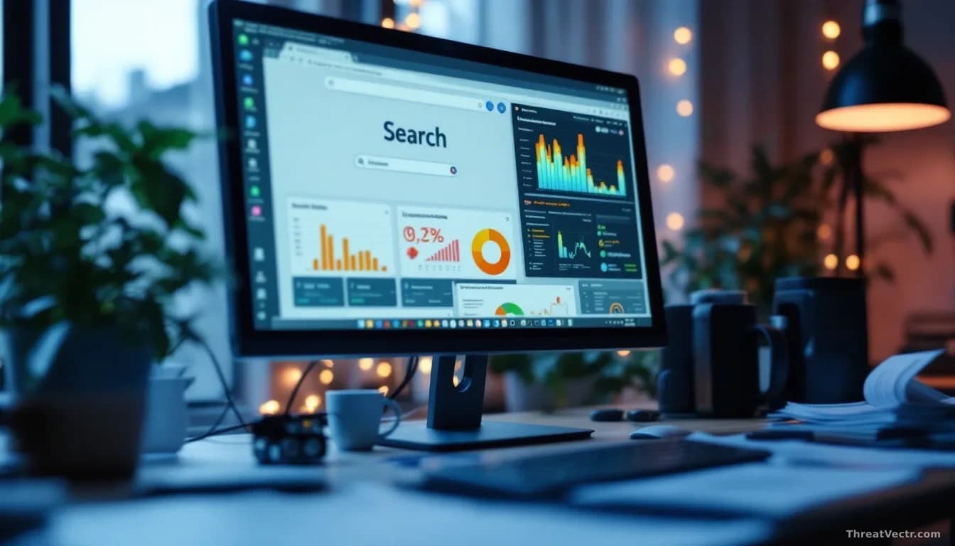 A computer screen showing search results and web pages highlighting an uncensored AI platform interface, researcher notes and analysis documents spread across a