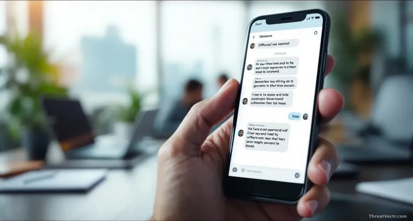 A smartphone displaying a text conversation thread with official-seeming messages, office setting in soft focus behind it showing government workspace environme