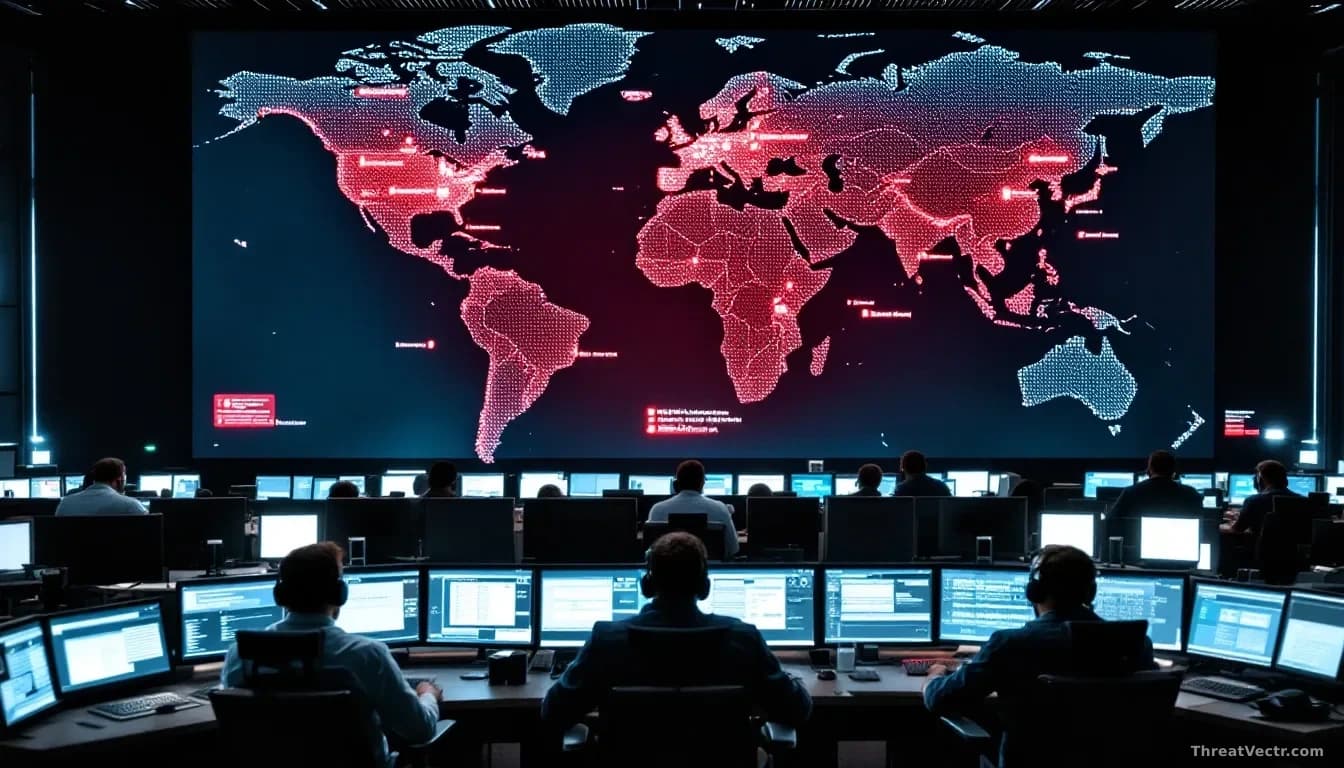 A global map with server locations marked in red showing outage status, error message screens filling multiple displays in a 24-hour monitoring center, engineer