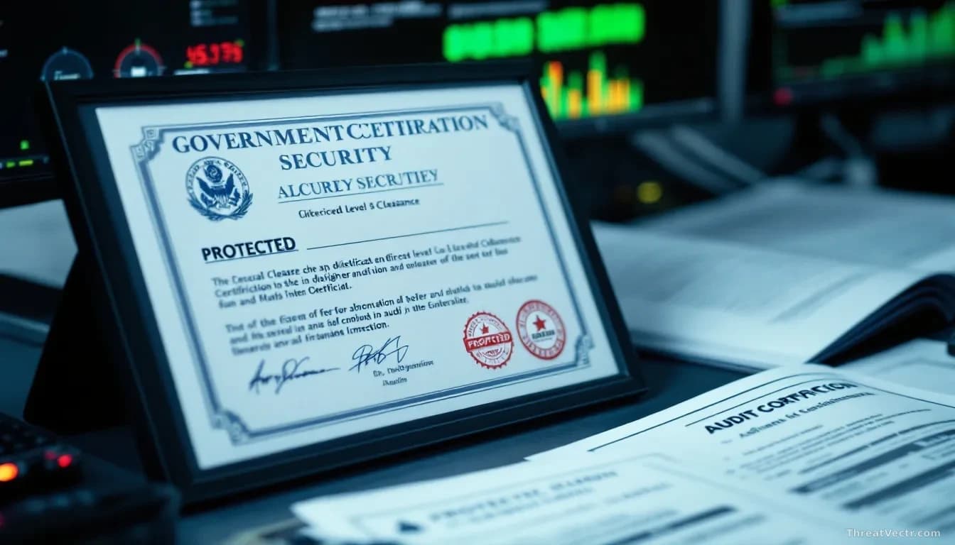An official government security certification document displayed prominently on a desk alongside computer systems, with PROTECTED level clearance seals and audi
