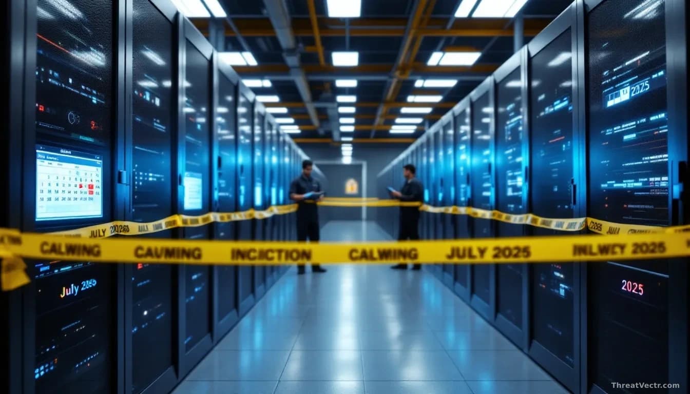 A corporate email server room with warning tape cordoning off affected equipment, technicians reviewing security patches on terminal screens, calendar dates sho