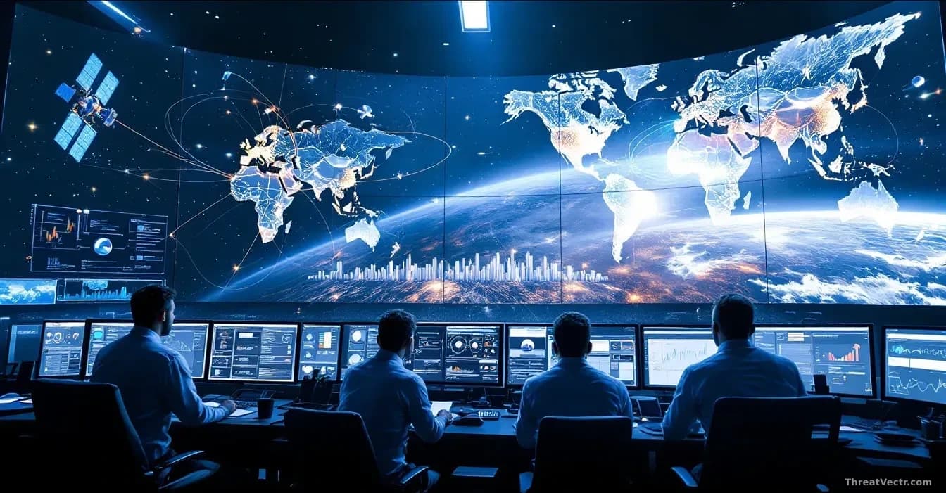 A satellite network operations facility with technicians monitoring large displays showing satellite coverage maps and network status, with AI-powered security 
