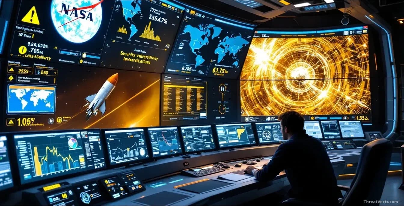 A NASA control center environment with spacecraft telemetry displays on large screens and communication interfaces, with security vulnerability indicators visib