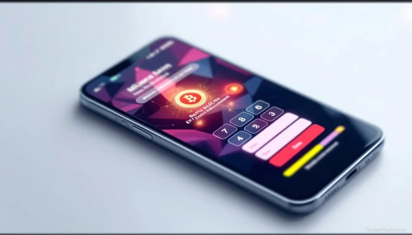 A smartphone screen displaying banking and cryptocurrency apps on the home screen, with malware infection indicators and PIN entry fields compromised by overlay