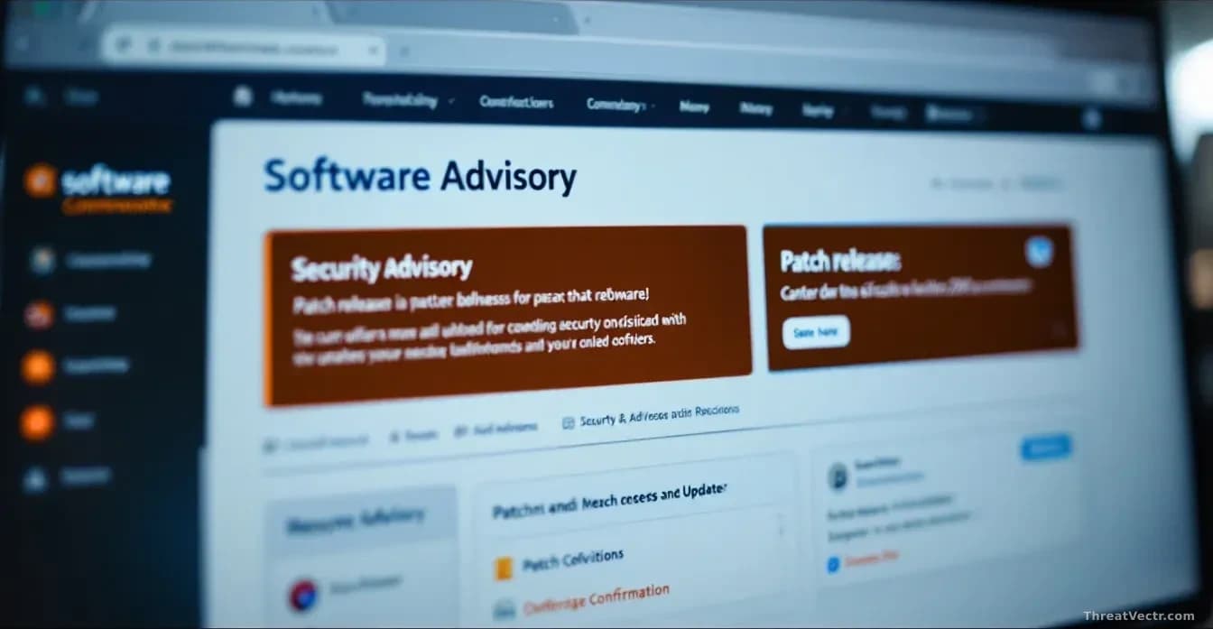 A software company's website or dashboard visible on screen with security advisory banners prominently displayed, showing patch release notifications and update