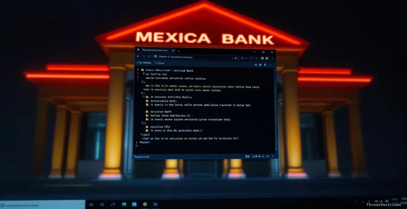 A Mexican bank's branding and interface visible on a compromised computer screen, with a file manager window open showing suspicious executable files disguised 