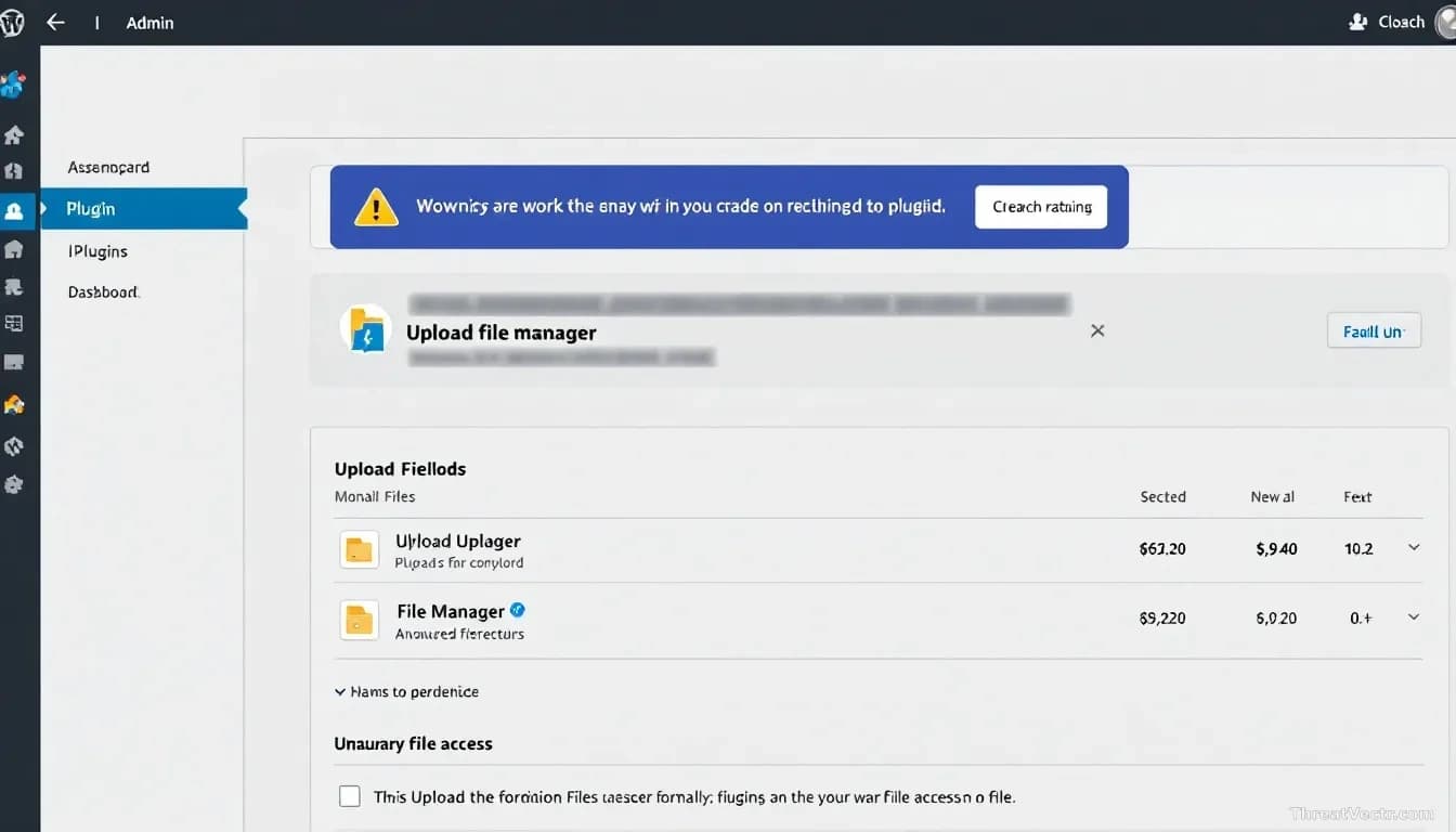 A WordPress admin dashboard displaying a plugin interface with upload fields and file manager sections, with a warning banner about unauthorized file access vis