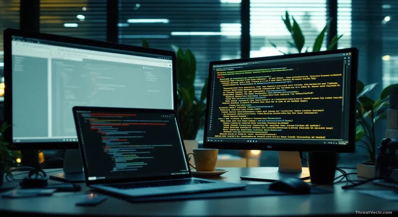 An office scene in Manila with a former employee's workstation, showing stolen customer records and extortion communications, connected to Australia via interna