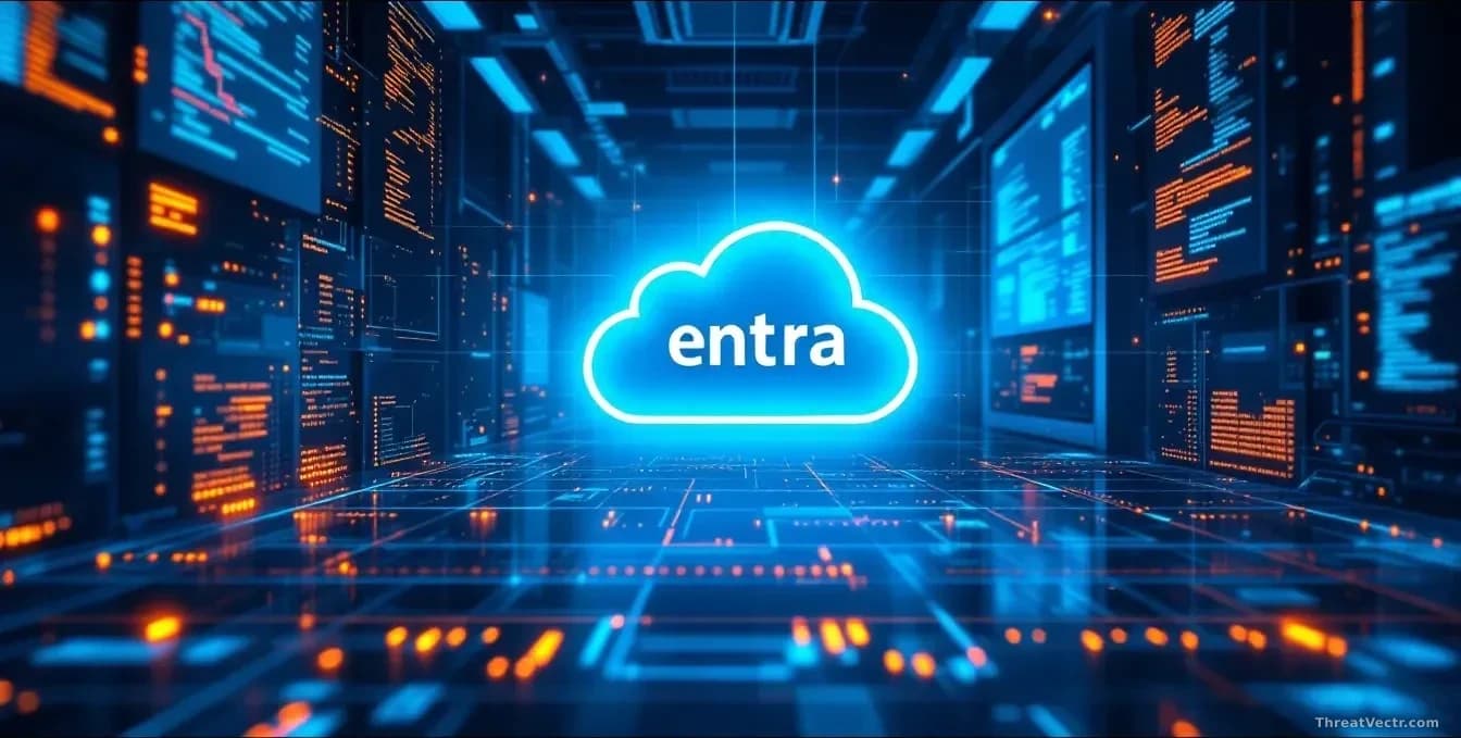 Microsoft cloud infrastructure with an Entra ID vulnerability being remotely exploited, followed by a patch installation completing on the server side