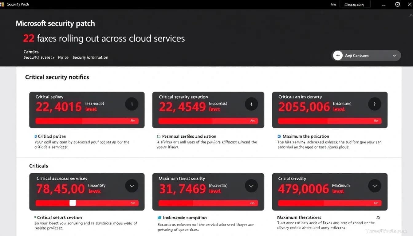 A Microsoft security patch notification dashboard showing 22 fixes rolling out across cloud services, with six critical severity indicators glowing red at maxim