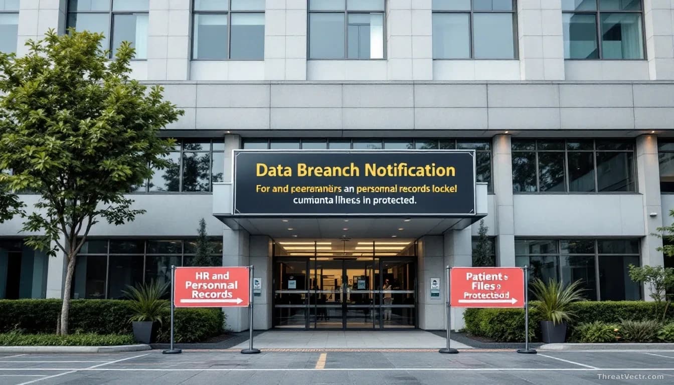 A hospital building exterior with a data breach notification banner, showing HR and personnel records locked behind security barriers while patient files remain